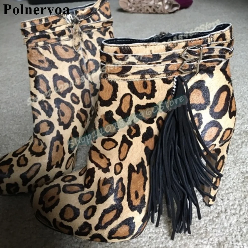 

Leopard Tassels Decoration Ankle Boots Thin High Heel Shoes For Women Side Zipper Round Toe Fashionable 2026 Zapatos Para Mujer