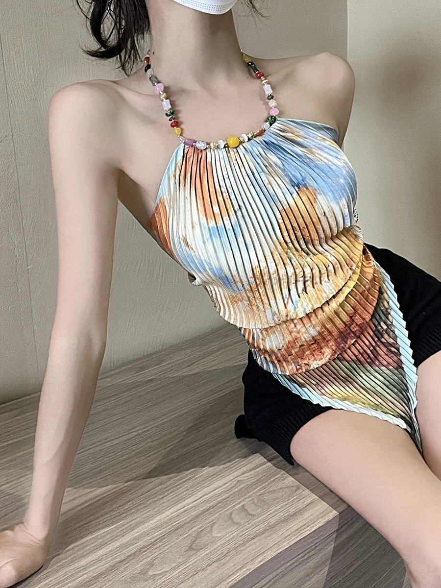 Artistic Oil Painting Neck Hanging Vest Small Strap Design Summer New Style Women's Bunting Top Sweet Style Short Length