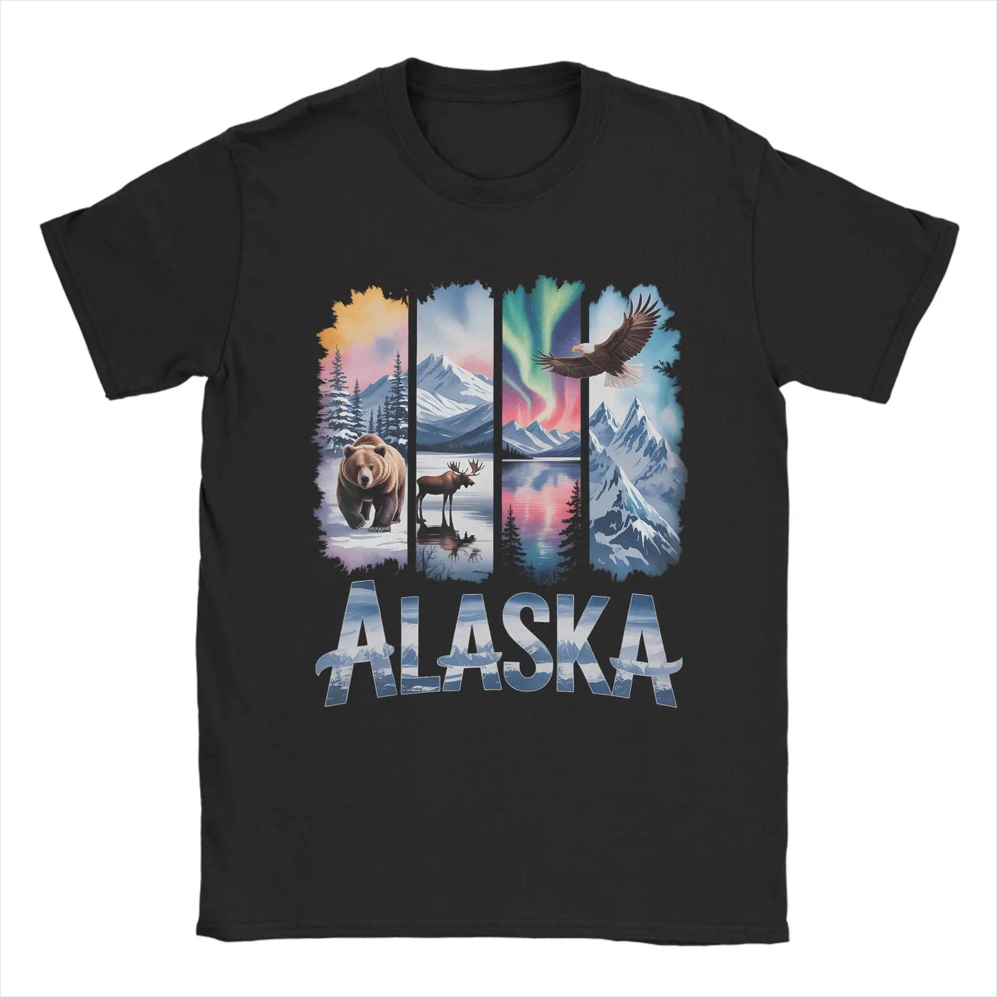 Alaskan Bear Moose Eagle Lake and Mountain Aurora Borealis T Shirt Men's  Funny T-Shirts Crewneck Tee Shirt Short Sleeve ClotheS