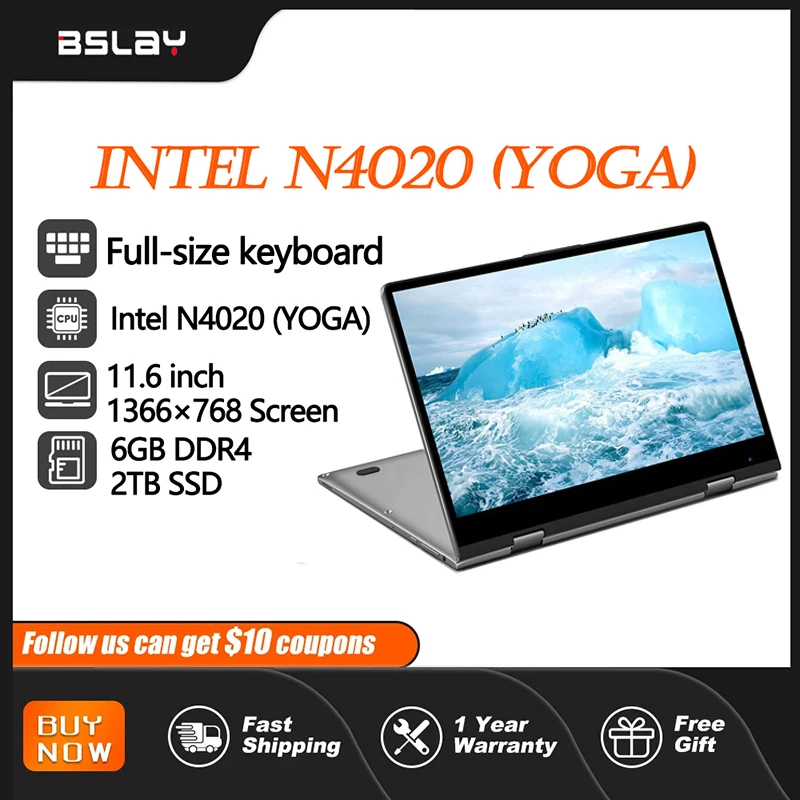 Compact Laptop 11.6 Inch Intel Celeron N4020 2.8 GHz HD Camera 4500 mAH Touchscreens 6GB DDR4 2TB SSD 360° flips  Portable Table