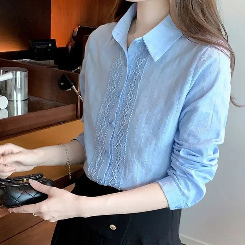 2024 Women\'s Cotton Shirt Long Sleeve Versatile Spring Summer Solid Color Shirt Professional Elegant Lace Splicing Top for Women