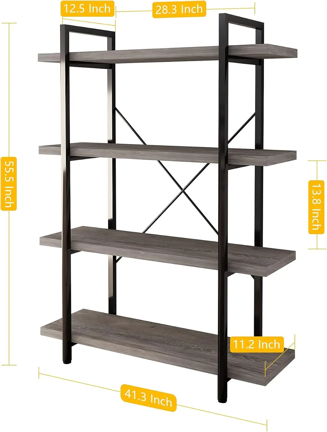 4-Tier Vintage Industrial Style Bookcase/Metal and Wood Bookshelf Furniture for Collection, Gray Oak, 3/4/5 Tier (4-Tier)