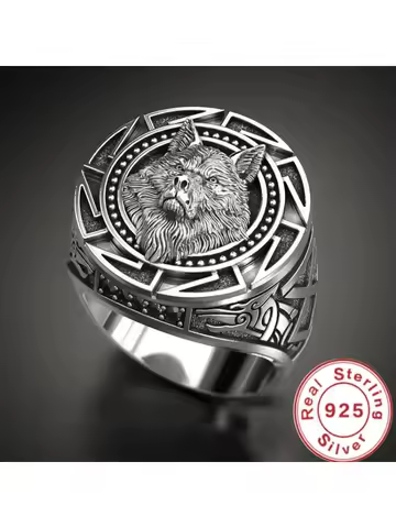 925 Sterling Silver Ring Retro Wolf Totem Thai Silver Ring Warrior Wolf Head Men's Ring