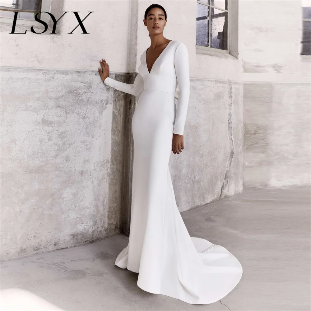 LSYX Deep V-Neck Simple Long Sleeves Mermaid Wedding Dress Elegant Open Back Bow Floor Length Bridal Gown Custom Made