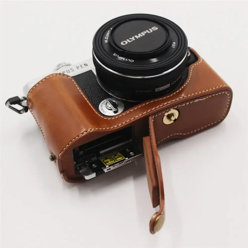 PU Leather Camera Bag Half Body Case For Olympus PEN E-P7 EP7 Bottom Cover Battery Opening
