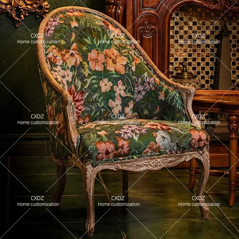 Retro Solid Wood Single Sofa Fabric Pastoral Armchair Floral Cotton Linen Light Luxury Studio Chair for Living Room Bedroom