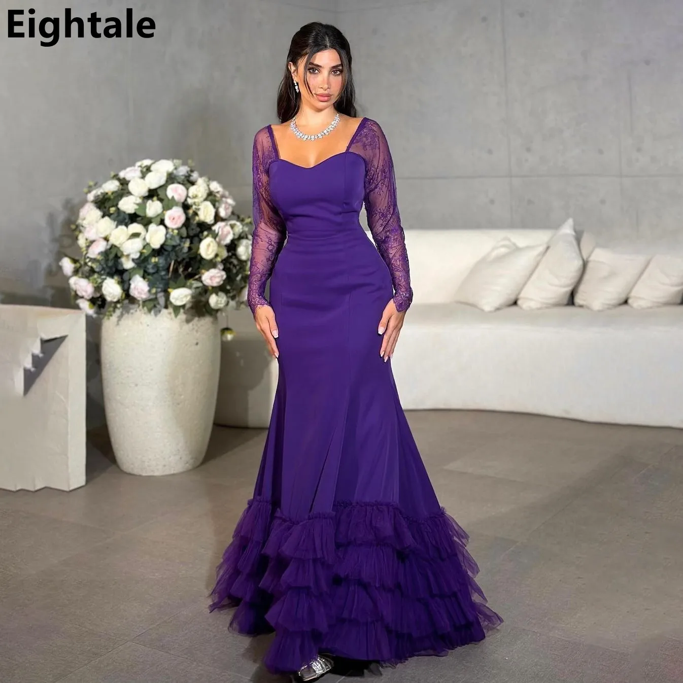 Eightale 2025 Long Sleeve Purple Evening Dress Wedding Party Ruffles Tail Mermaid Formal Prom Dress Party Gown