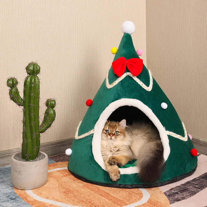 Kingtale Christmas Cat Bed Cave Nest House Cat Igloo Xmas Kitten Hut Hideout Cute Pet Cave Beds for Small Dog or Bunny