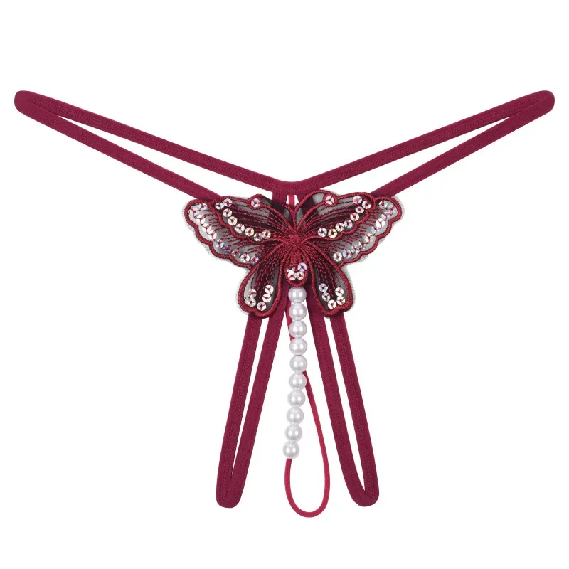 Sexy feminino frisado borboleta tanga arquivo aberto roupa interior com lantejoulas massagem em forma de t lingerie sexy