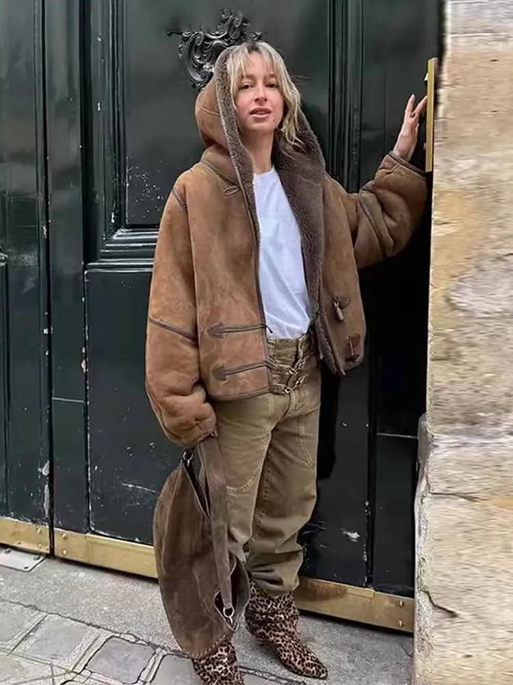 HH Woman Winter Fashion Versatile Hooded Long Sleeves Pocket Decoration Artificial Fur Sherpa Jacket Female Casual Warm Coat