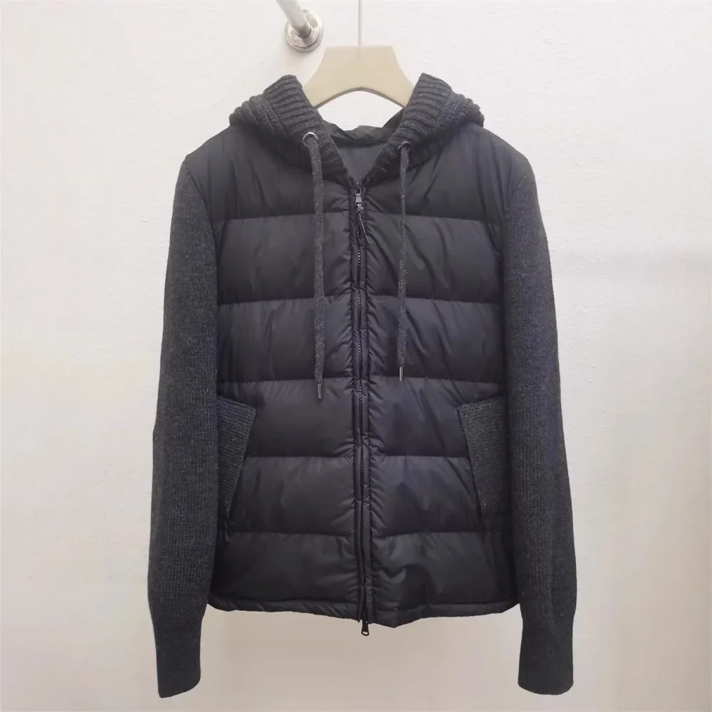 2024 Winter Hooded Lightweight Down Jacket Spliced Knitted Sleeves White Duck Down Casual Coat Women's Trend Striped Outwear