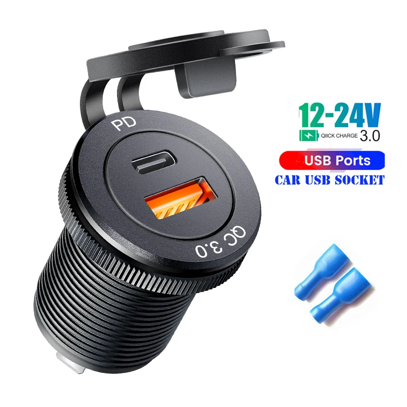 12V Car Fast Charger Power Socket QC3.0 and PD USB Port Car Charger Adapter fast charging for Car Boat Marine RV Motorcycle