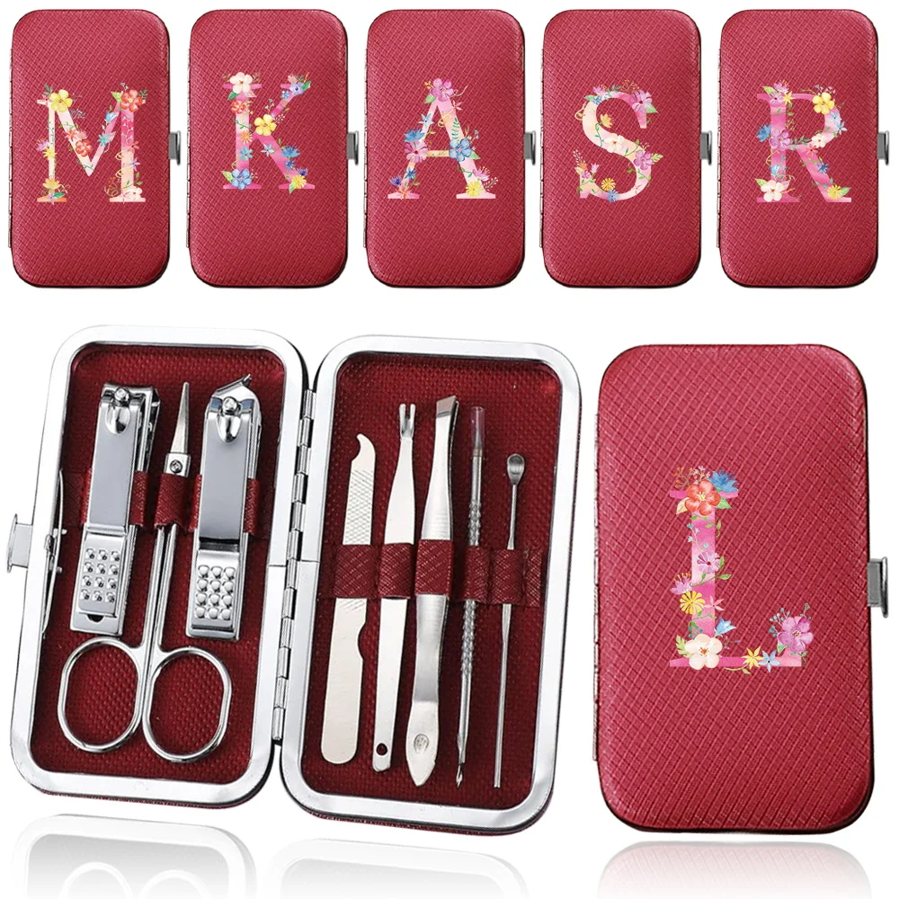 8Pcs Manicure Set Stainless Steel Pedicure Care Tools Nail Clipper Kit Portable Case Nail Scissors Organizer Pink Letter Pattern