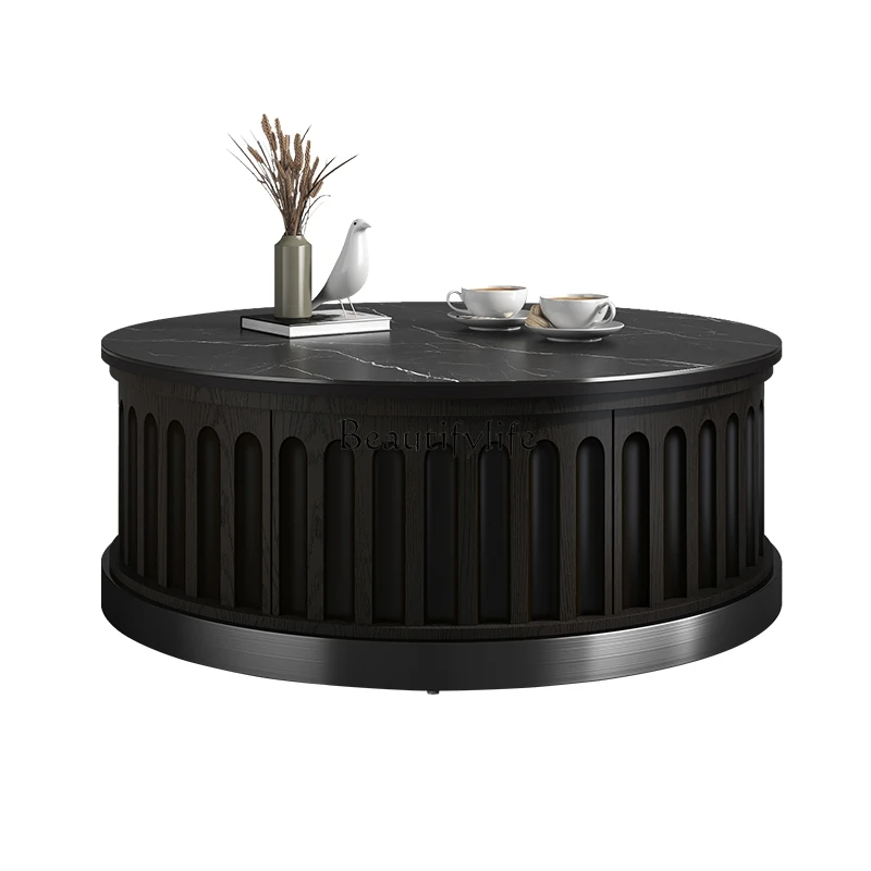 

New Chinese round coffee table light luxury modern living room solid wood black rock slab table