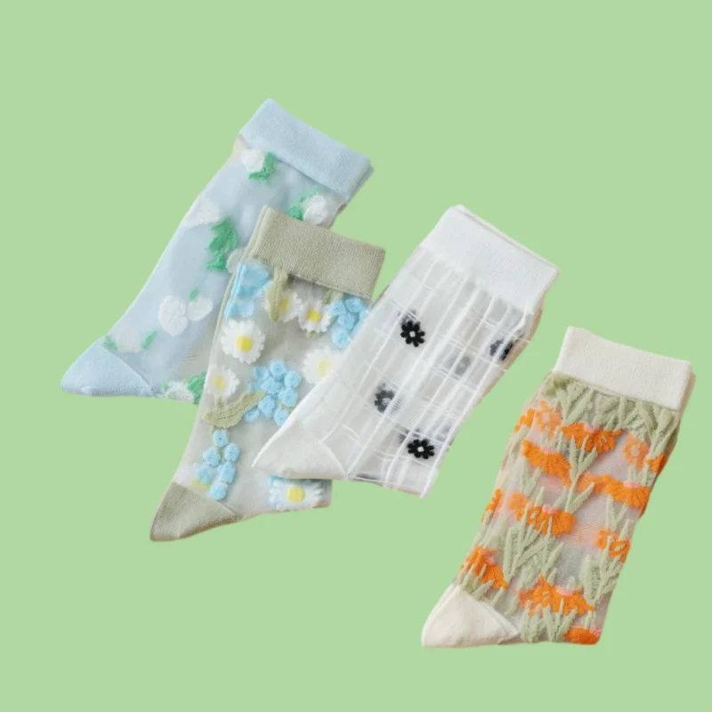 3/6 Pairs Women's Thin Crystal Silk Breathable Casual Mid-tube Socks Art Card Stockings Daisy Flower Glass Silk Fairy Socks