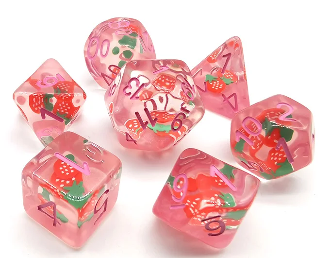 7Pcs/Set DND Dice Transparent Resin Sweet Strawberry Cute Steppe Lion Polyhedral Dice For Role-Playing Table Card RPG Board Game