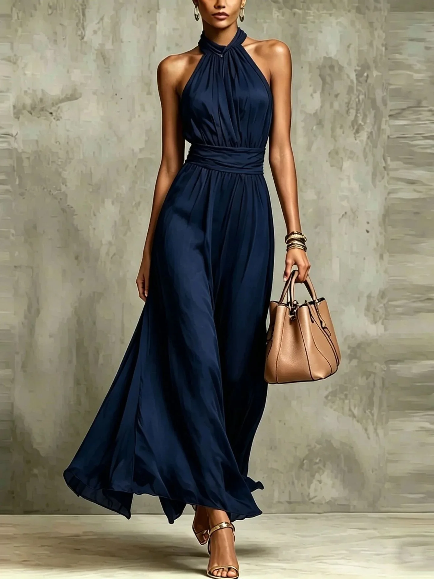 Vintage Maxikleid aus Chiffon mit Neckholder, ärmellos, rückenfrei, hoher Taille, Schlitz, fließend, mit floralem Aquarellmuster für Abend und Hochzeit – Detail 17