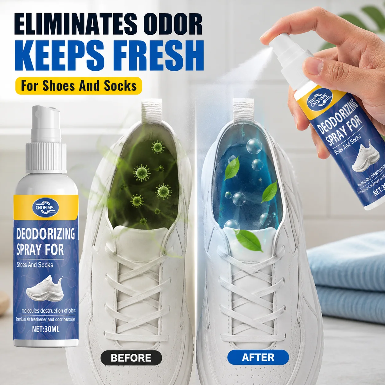 Shoe Odor Eliminator Spray, Fresh Deodorizing Formula for Sports Shoes, Socks and Foot Care
