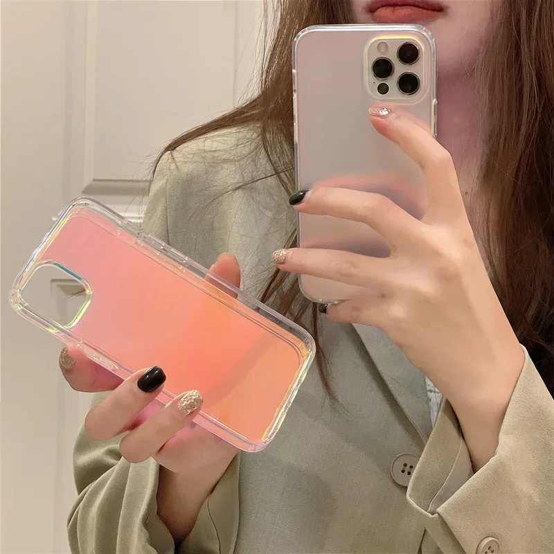 Luxury Matte Aurora Laser Gradient Case For iPhone 14 13 12 11 15 Pro Max X XR XS Max Plus Mini Color Changing Shockproof Cover