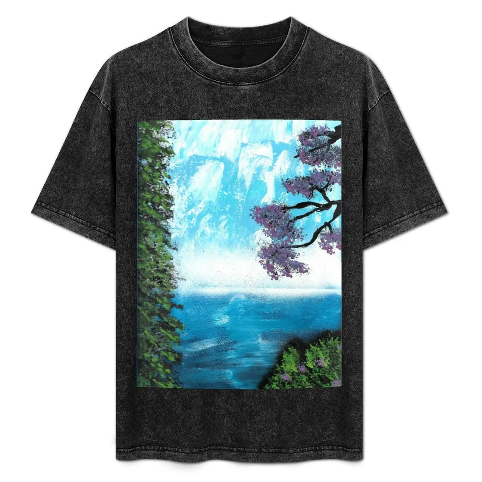 Waterfall nature spray paint art T-Shirt Non-Shrink Basic Cotton T-Shirt