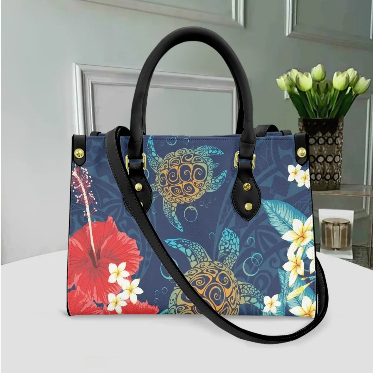 PU Leather Long Shoulder Strap Handle Bolsa, Top Handle Messenger Bag, Turtle Design, Tribal havaiana polinésia, Ao ar livre, Nova embreagem