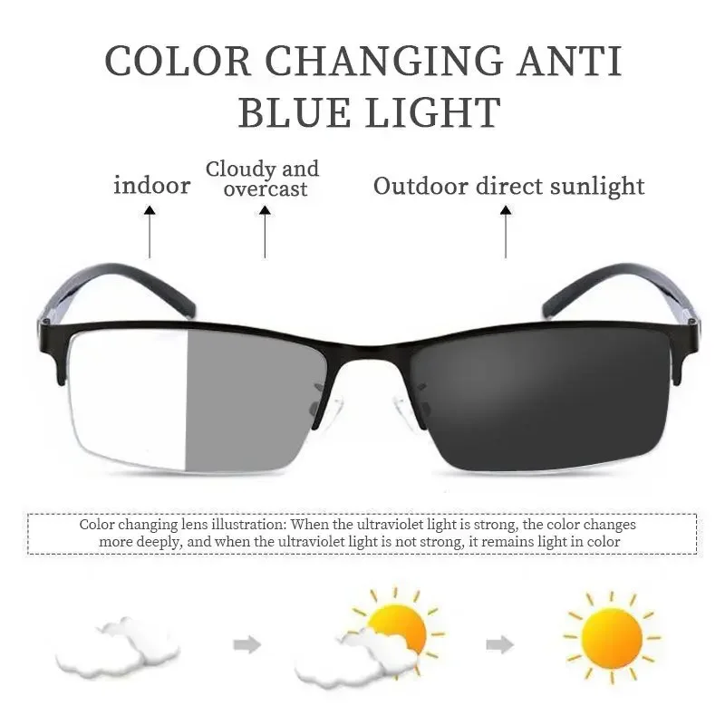 Photochromic Business Myopia Glasses Half Frame Near Sight Glasses Anti-blue Light Short Sight Eyewear Outdoor High Definition