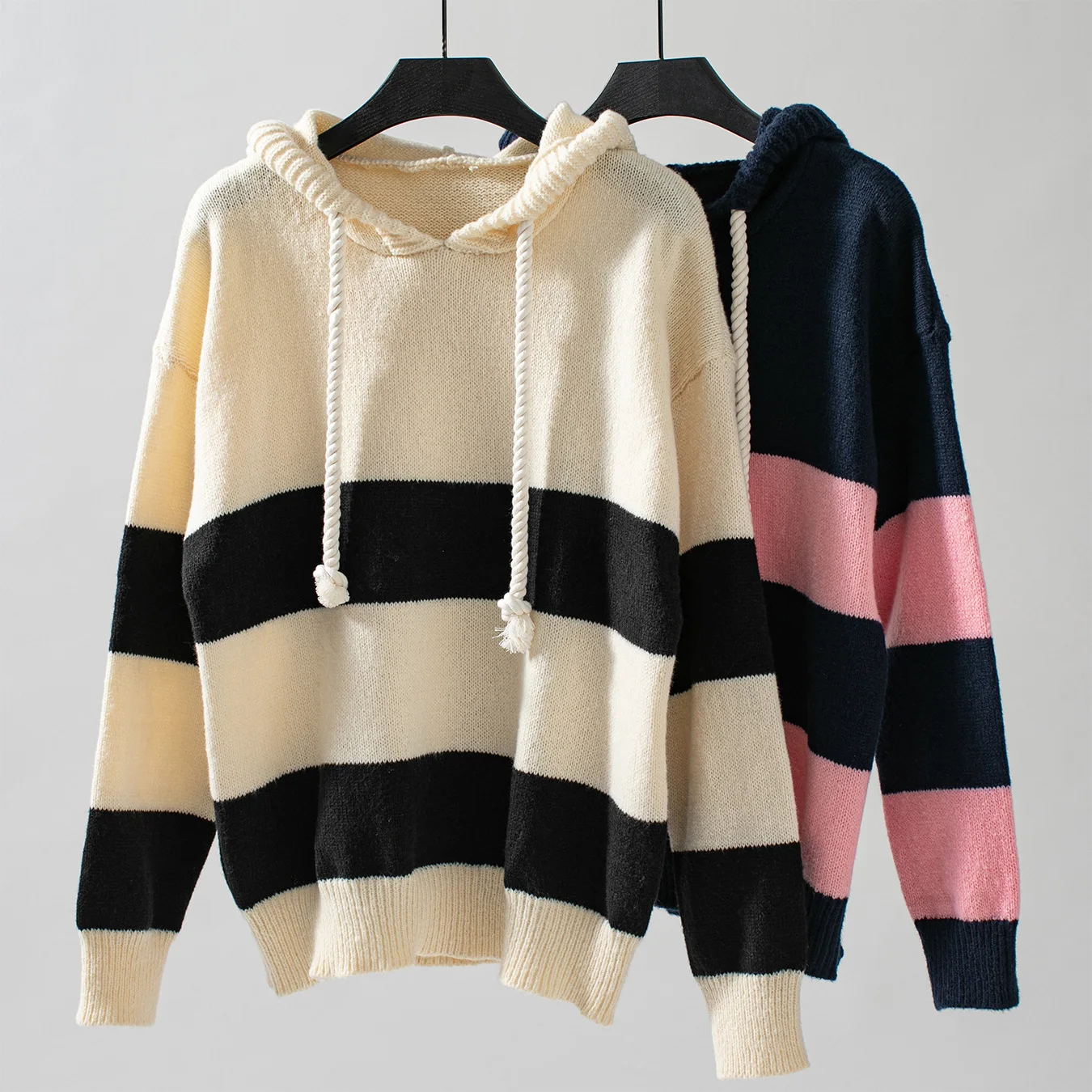Ladies Cozy Striped Knit Hoodie, Color Block Drawstring Hooded Sweater for Daily, Autumn and Streetwear
