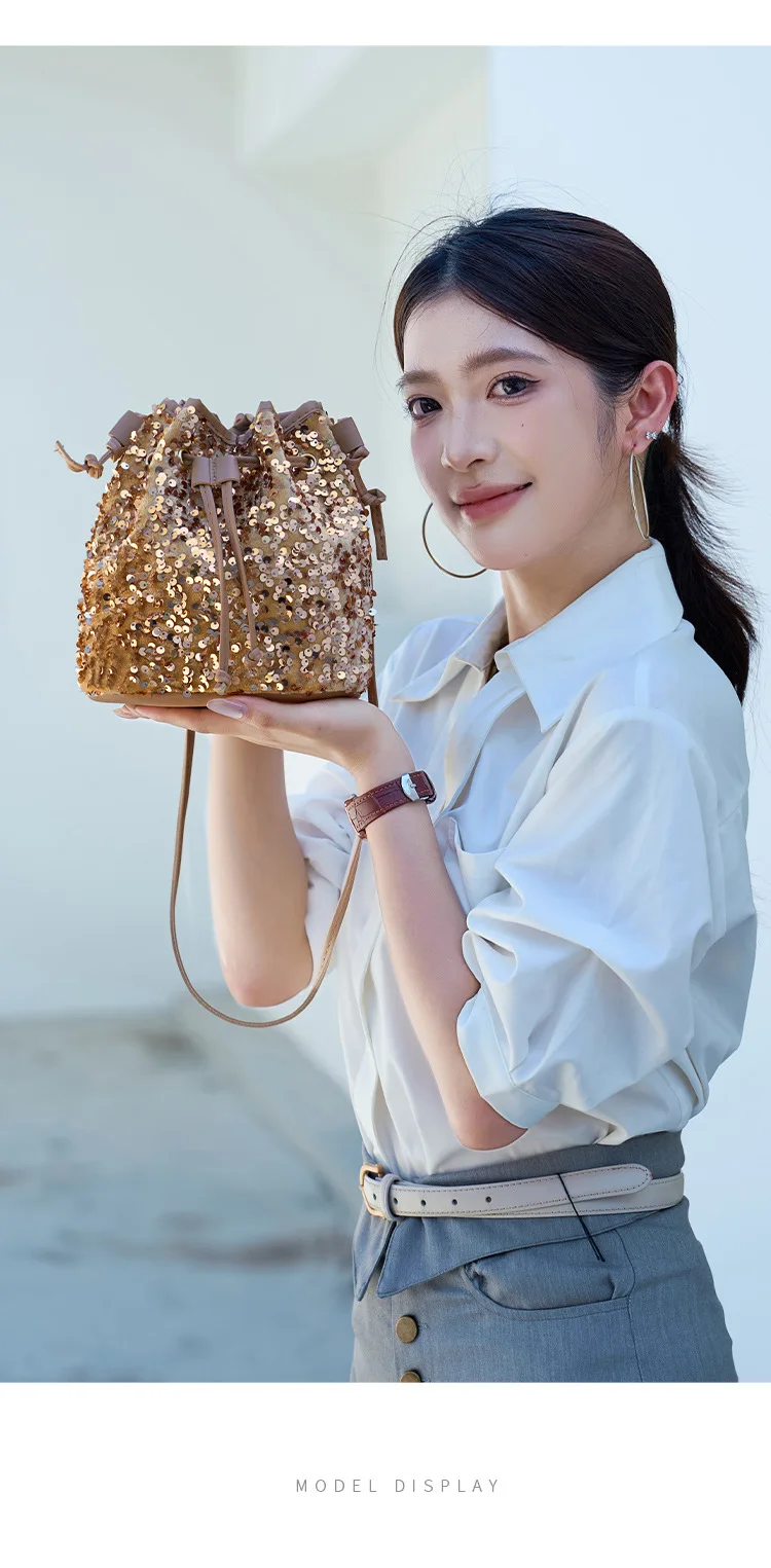 Neue Modische Vielseitige Handtasche mit Kordelzug, Schicke Mehrfarbige Pailletten-Schultertasche mit Großer Kapazität, Geldbörse und Umhängetasche – Detail 12