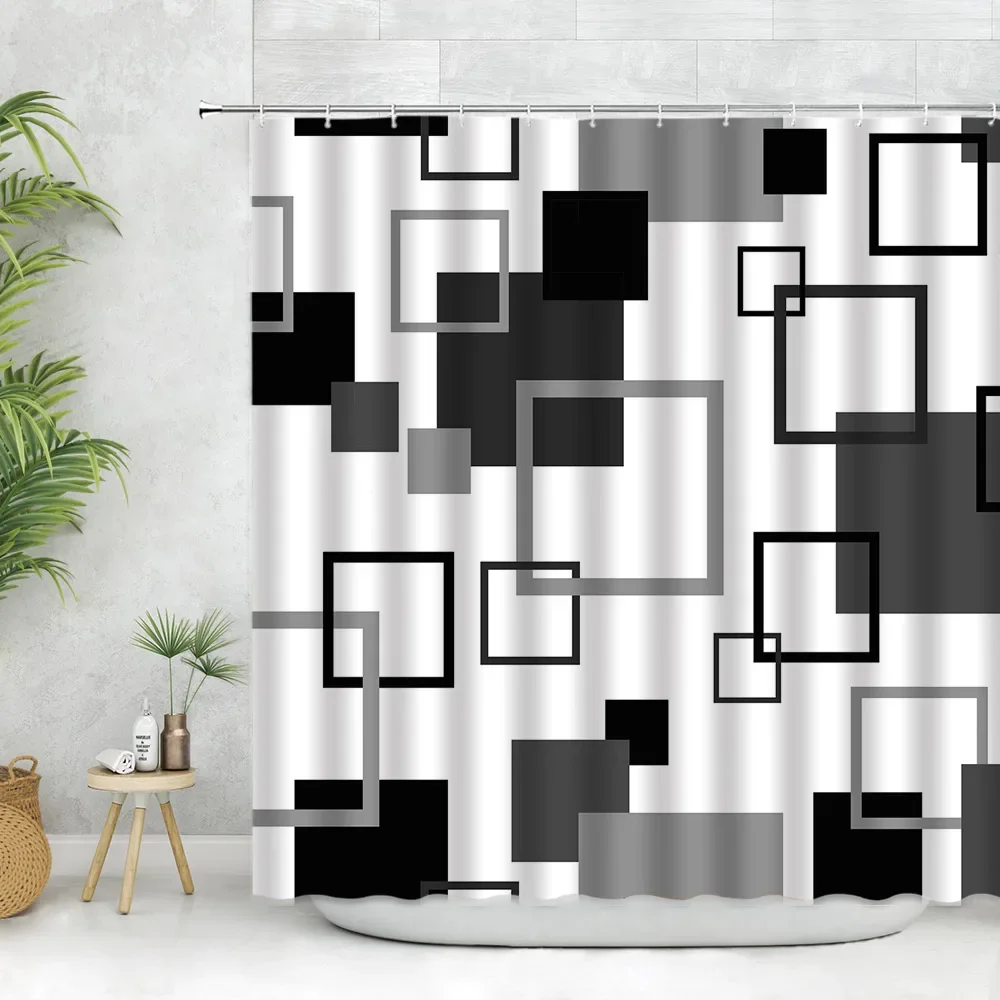 Modernes schwarzes Duschvorhang-Set mit Haken – Schwarz-Weiß-Duschvorhang für Badezimmer, Stoff, geometrische Badvorhänge mit Hoo