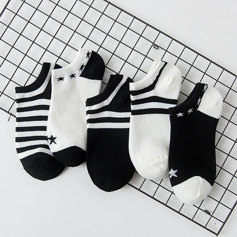 5 Pairs Women Socks Black White Striped Stars Short Socks Female Harajuku Cotton Casual School Girls Spring Summer Ankle Socks