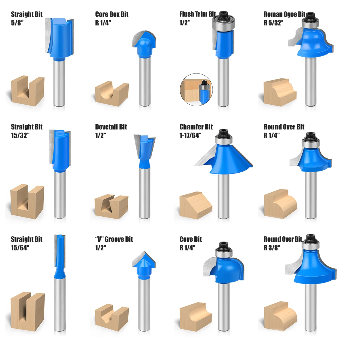 12pcs 1/4in Shank Router Bits Set Trimming Straight Corner Bits Carbide Woodworking Milling Cutter Engraving Cutting Tools