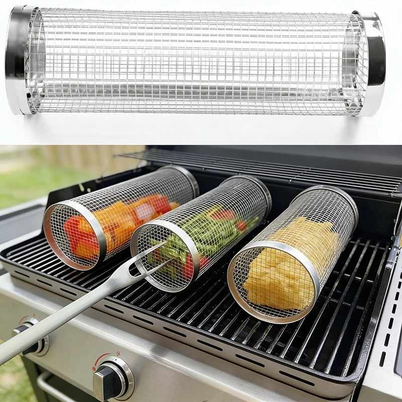 Stainless Steel Cylinder Rolling Grilling Basket Portable Round BBQ Rack Wire Mesh Barbecue Grate for Outdoor Camping Picnic