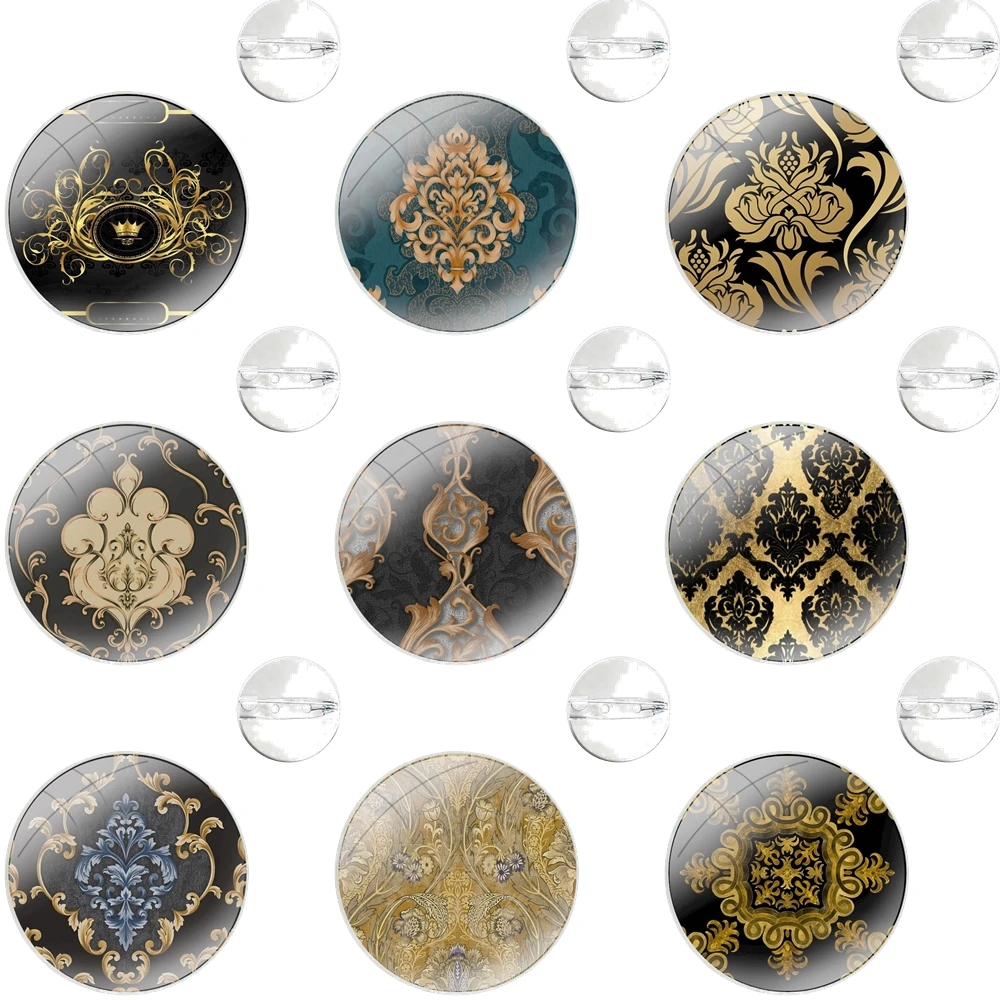 Pins Badge Metal Brooches For Clothes Backpack Decoration gift Black And Gold Floral Damasks