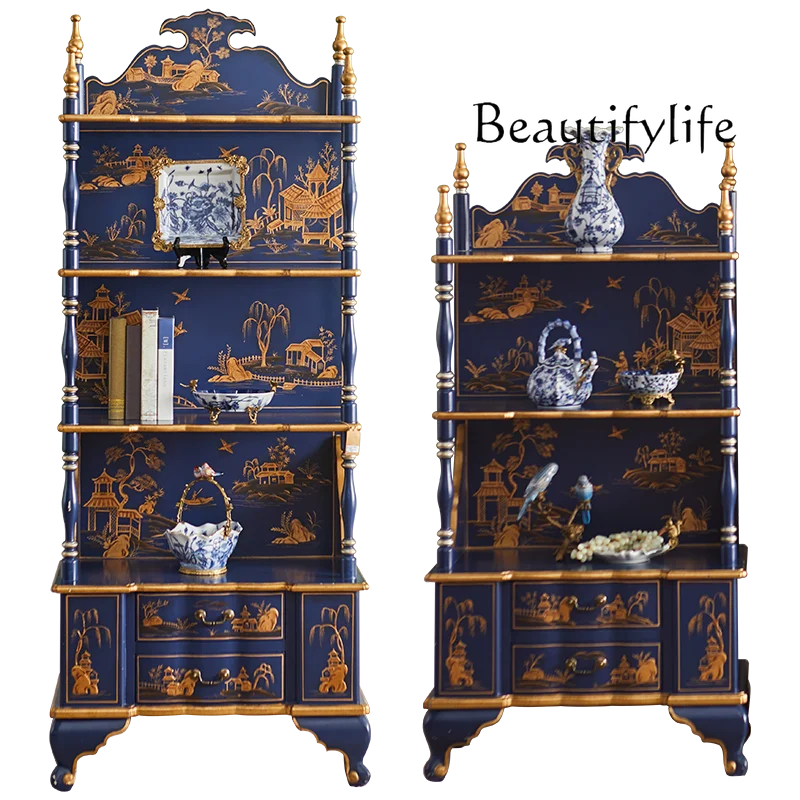 

Bookshelf Solid wood hand-painted display cabinet Vintage storage shelf Classic luxury display shelf Blue