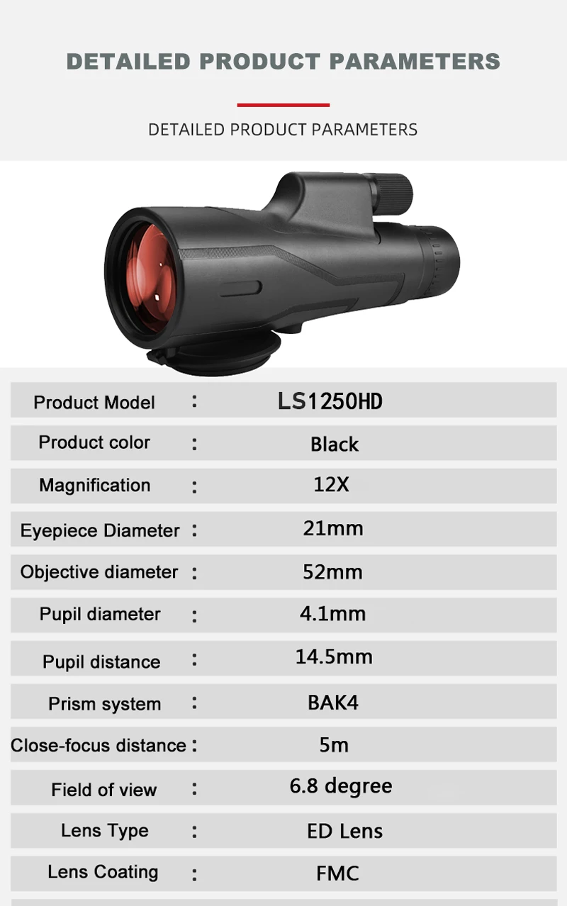 Weitwinkel 12x52 Leistungsstarkes ED-Monokular-Teleskop Premium extra geringe Streuung Nebelsicheres BAK4-Monokel mit großer Reichweite für Jagd und Wandern – Detail 2