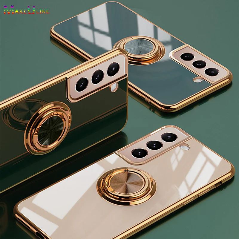 Ring Silicone Case for Samsung Galaxy S10 S20 S21 FE S22 S23 Plus Ultra Case Shockproof Plating Gold Bumper Magnetic Back Cover