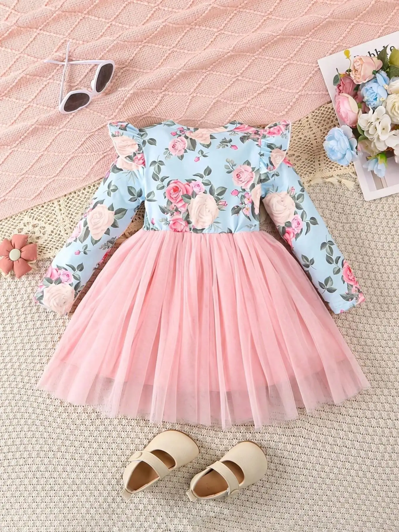 Kinder Vintage Blumen-Tutu-Kleid Langarm Hellblaues Oberteil Tüllrock Große Schleife an der Taille Bequeme Passform Alltagskleidung – Detail 4
