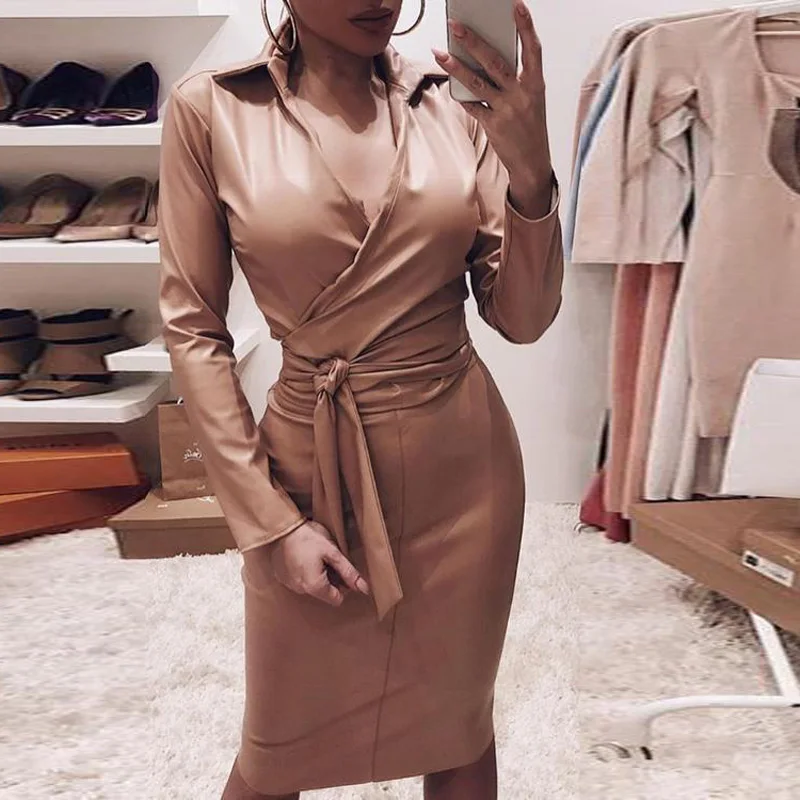 Three Colors Autumn Winter Ladies PU Leather Mini Dresses V-neck Long Sleeve Pencil Dress Fashion Female Bodycon Shirts Garments