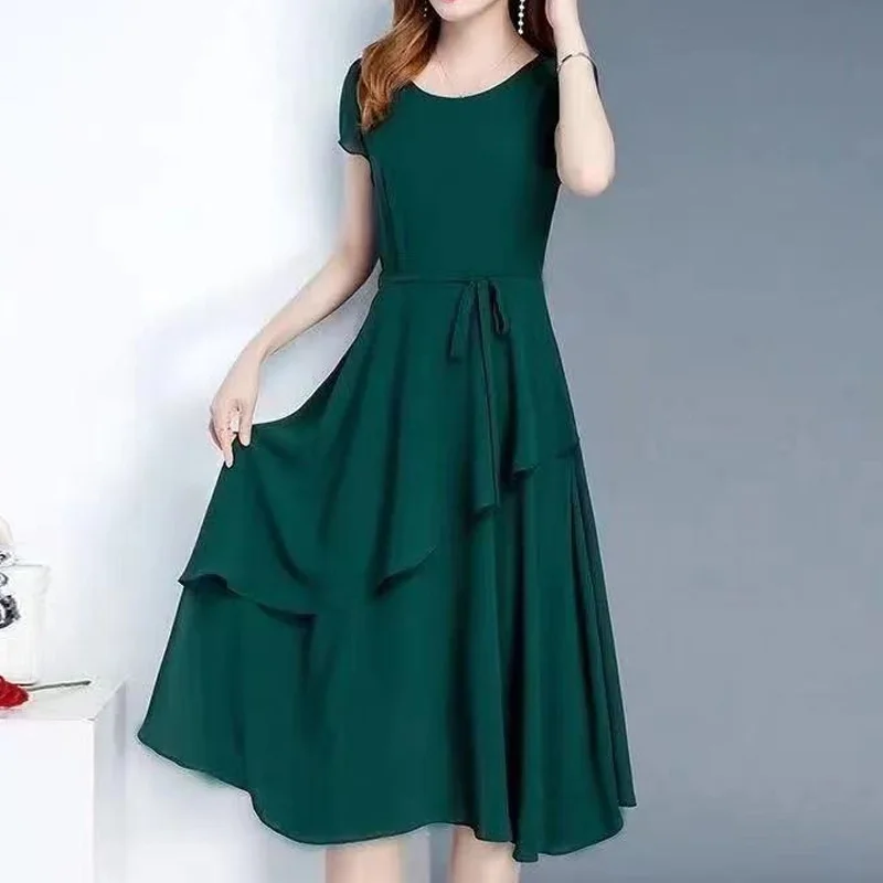 

Summer New Temperament Irregular Ladies Dresses Short Sleeve Lacing Solid Color Loose Elegant Dress Fashion Casual Women Clothes