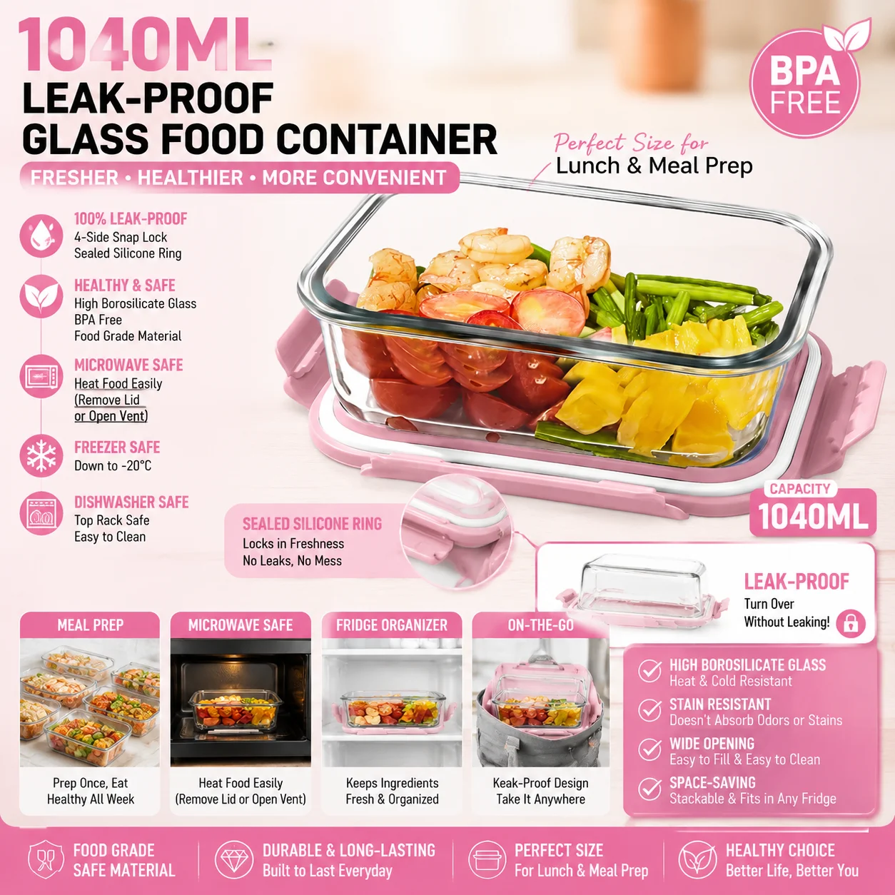 Meal Prep Gym - 1040ML Rosa Glas-Lebensmittelbehälter Auslaufsicher Borosilikat-Lunchbox BPA-frei
