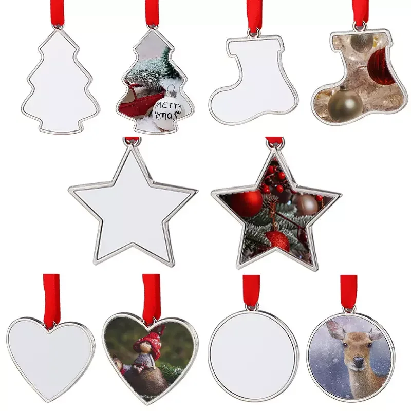 20pcs Sublimation Blank Christmas Tree Decoration Ornament Hanging Metal Pendant with Red Rope New Year Cute Funny Gift Decor