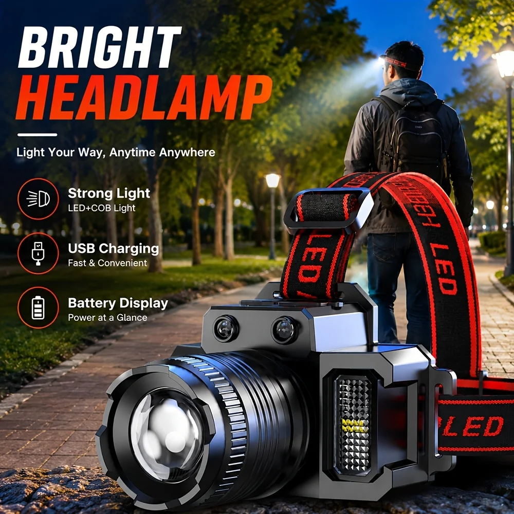Rechargeable Powerful LED Headlamp with Telescopic Zoomable Headlight - Outdoor Waterproof High Lumen Work Head Light Torch