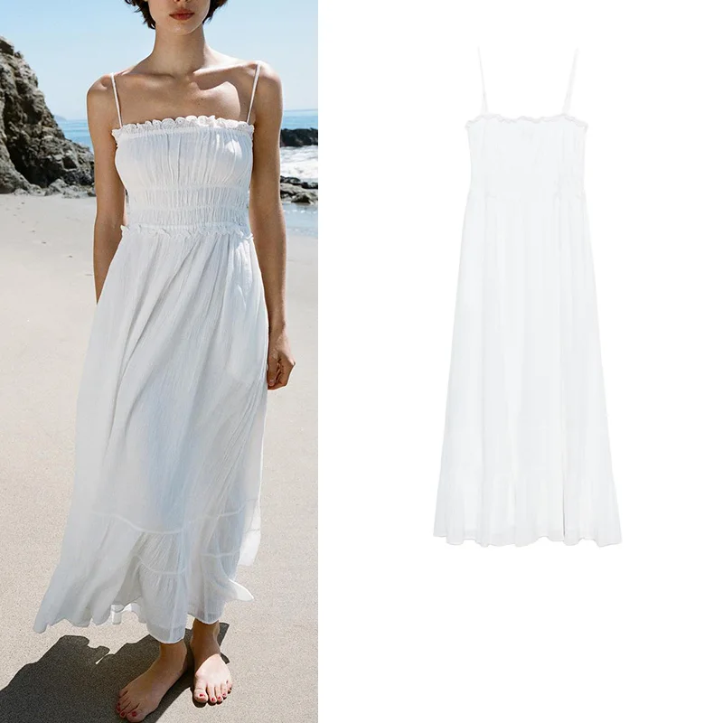 Vestido Midi F de Verão com Decoração Bordada em Camadas, Gola Solta, Estilo ter, Cintura Alta em Fibra de Poliéster