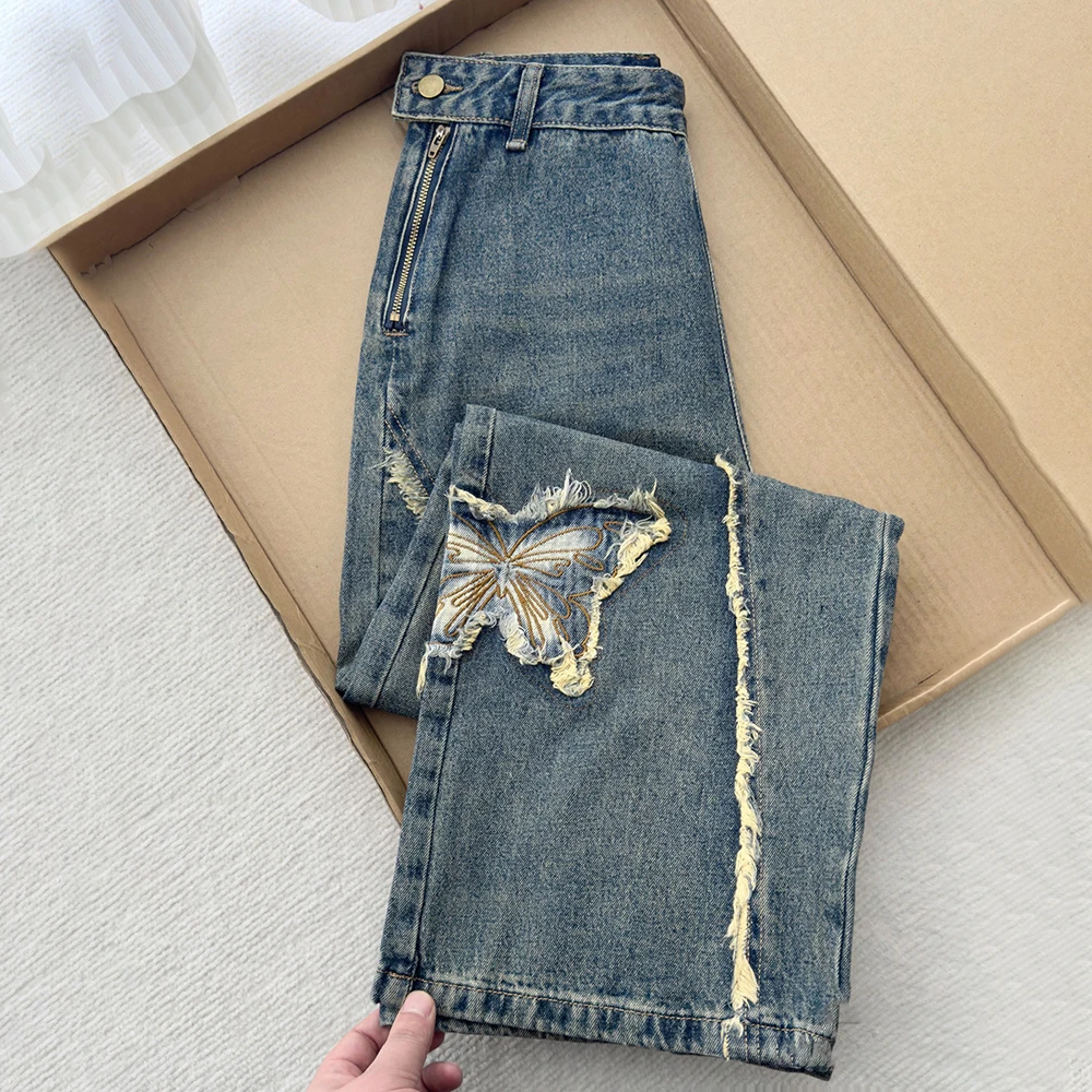 American Retro Butterfly Embroided Jeans for Ladies Women Spring Autumn Wide Leg Denim Pants Designed Side Zipper Full Trousers