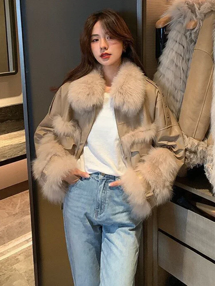 2024 New Winter Lamb Fur Sheepskin Patchwork Coat Faux Fur leather Jacket Streetwear Loose Fur Warm Motorcycle Biker Parka L31