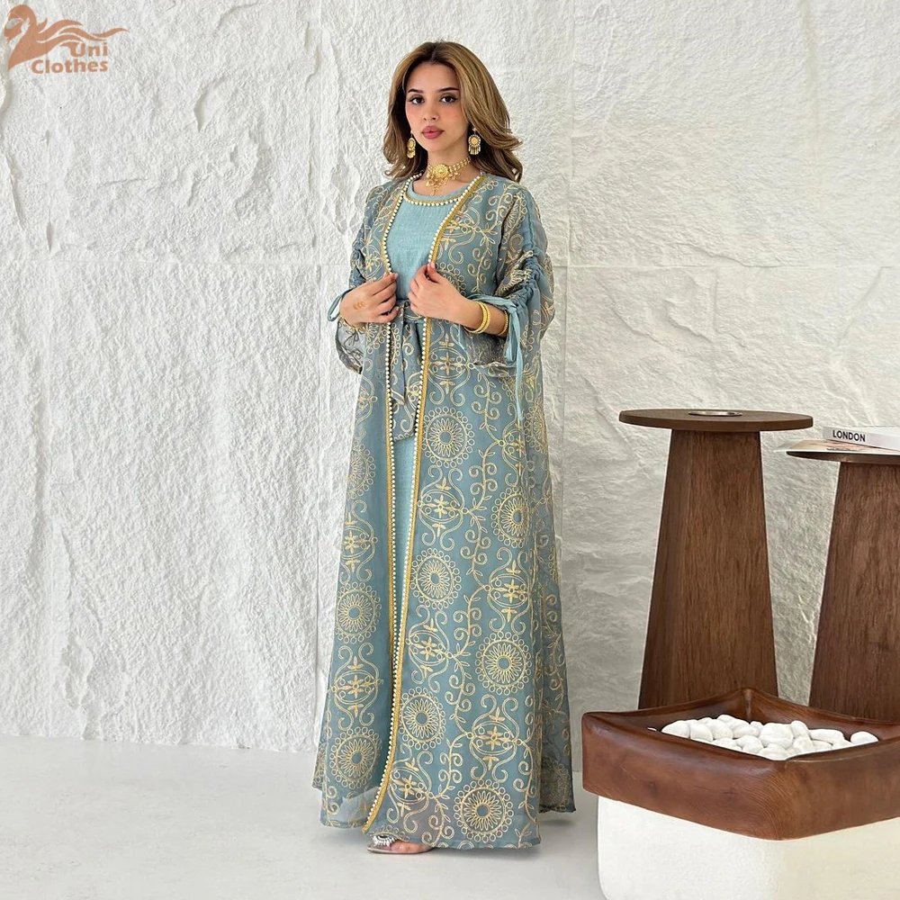 Uni dubaï Ramadan broderie élégant abaya deux pièces musulman élégant femmes robe de soirée col rond ceinturé caftan