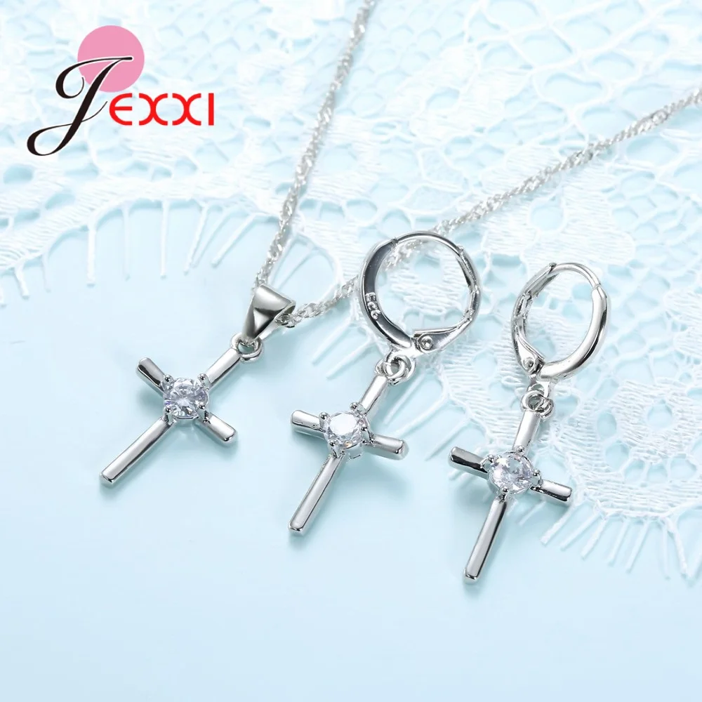 925 Sterling Silver Jewelry Set With Cross Shape White Crystal Pendant Necklace Hoop Earring Sets For Women Wedding Party