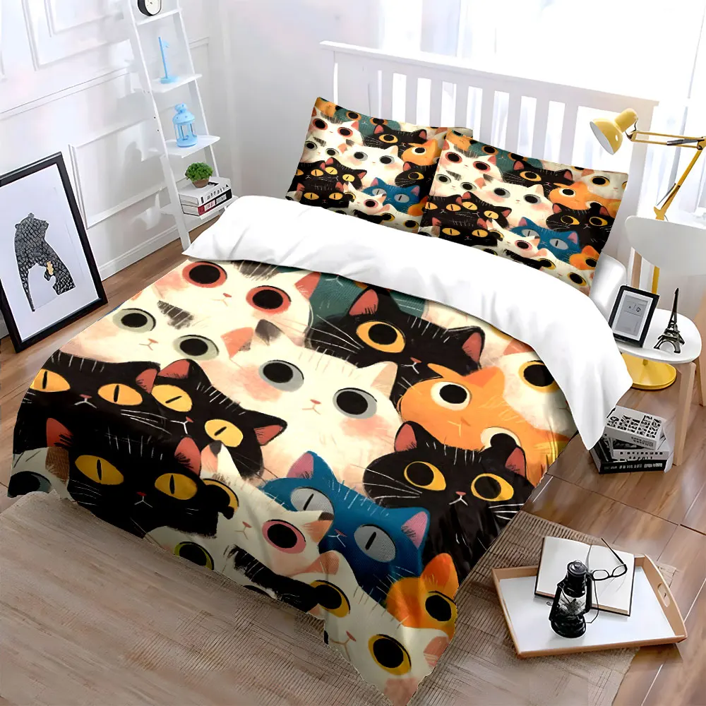 Cute Cat Print Bedding Set - Cozy Bedroom Decor Multiple sizes kid's and adults' bedroom Exquisite 3PC bedding set, gift