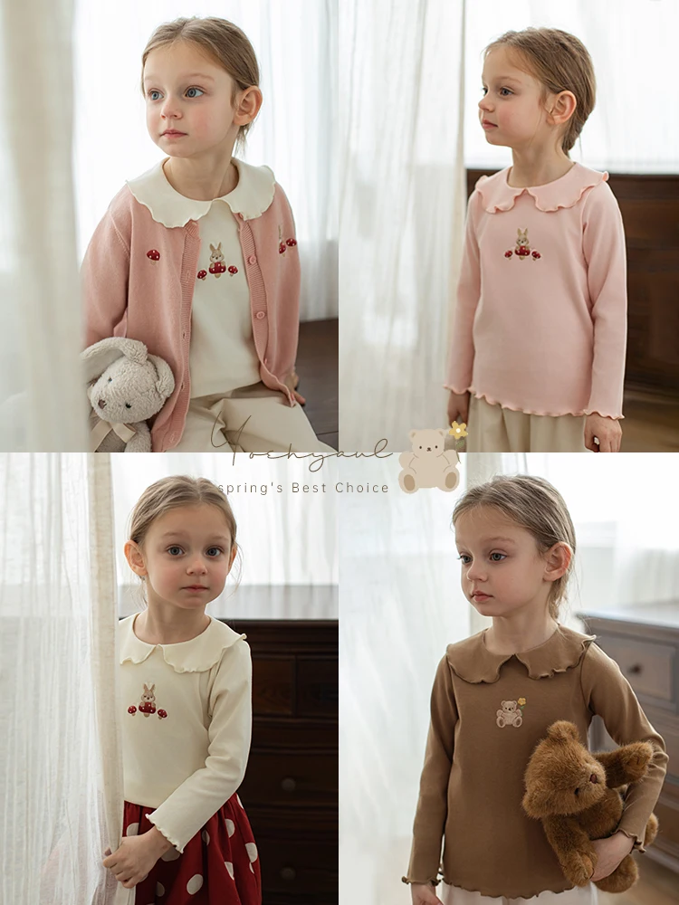 Girl's Embroidered Bottom Shirt Spring 2024 Children's Playful Cute Wave Casual Top Trend