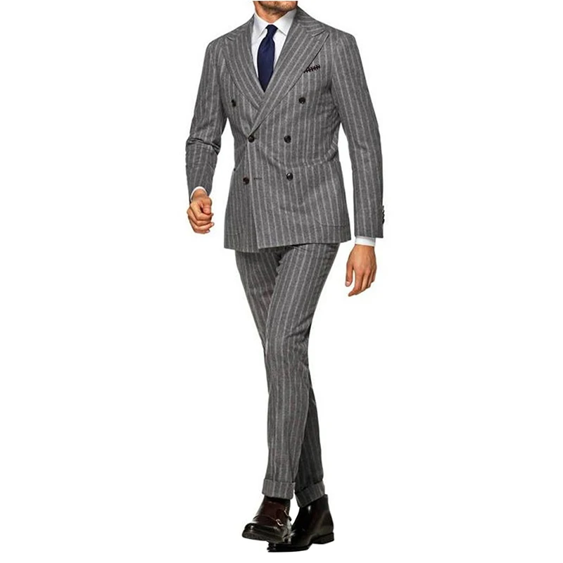 Men's Stripe Double Breasted Buttons Suit Peak Lapel 2 Pieces Jacket&Pants Wedding Daily Party Tuxedo